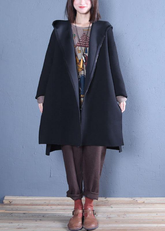 New oversized medium length coat fall black hooded Coats - SooLinen