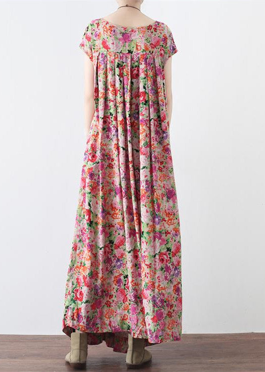 New pink prints linen caftans casual big hem linen maxi dress vintage short sleeve maxi dresses