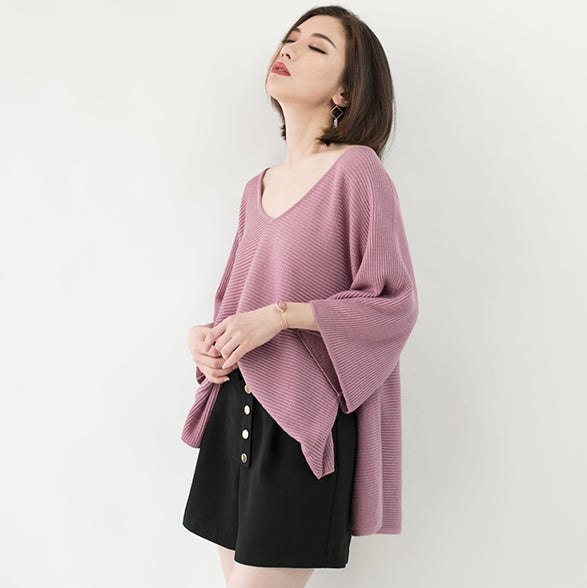 New pink sweater Loose fitting V neck knit sweat tops casual Batwing Sleeve top