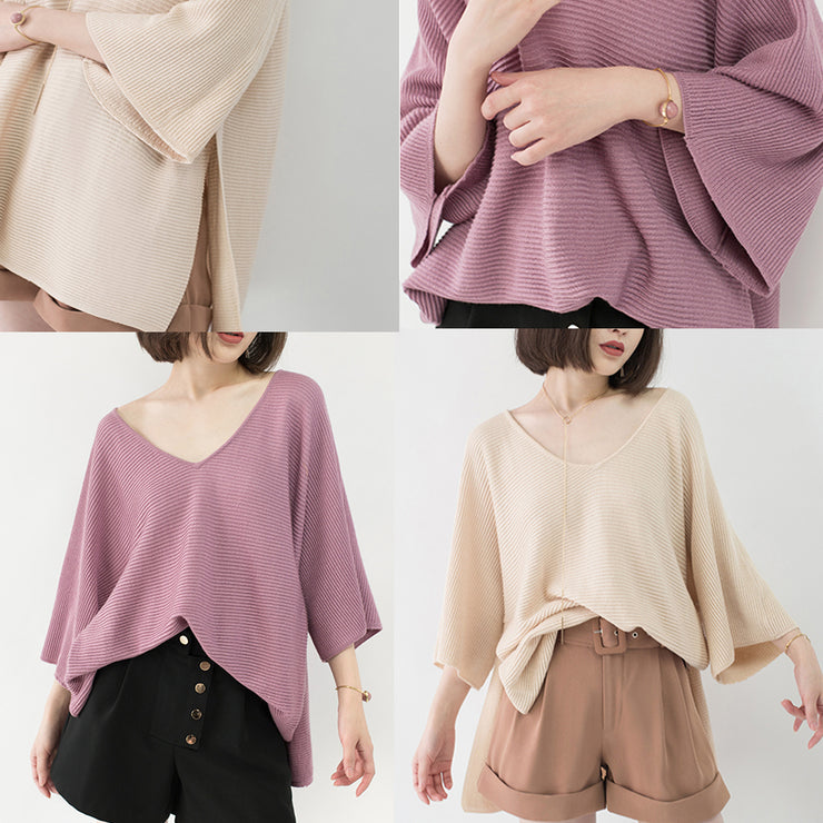 New pink sweater Loose fitting V neck knit sweat tops casual Batwing Sleeve top