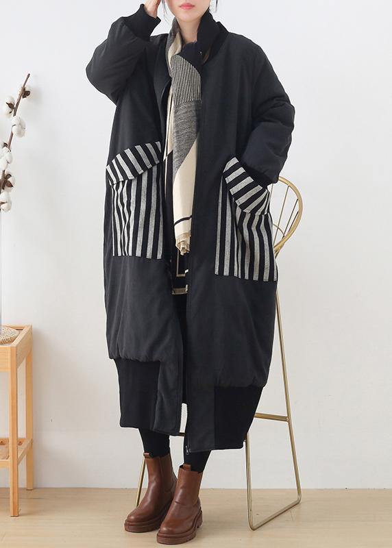 New plus size Coats winter outwear black o neck pockets coat - SooLinen