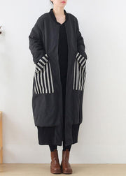New plus size Coats winter outwear black o neck pockets coat - SooLinen