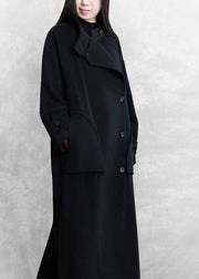 New plus size long winter coat black pockets Button Down Woolen Coats Women - SooLinen