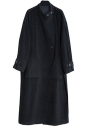 New plus size long winter coat black pockets Button Down Woolen Coats Women - SooLinen