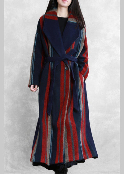 New plus size maxi coat blue red striped Notched tie waist Wool jackets - SooLinen