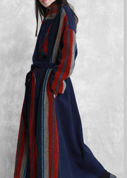 New plus size maxi coat blue red striped Notched tie waist Wool jackets - SooLinen