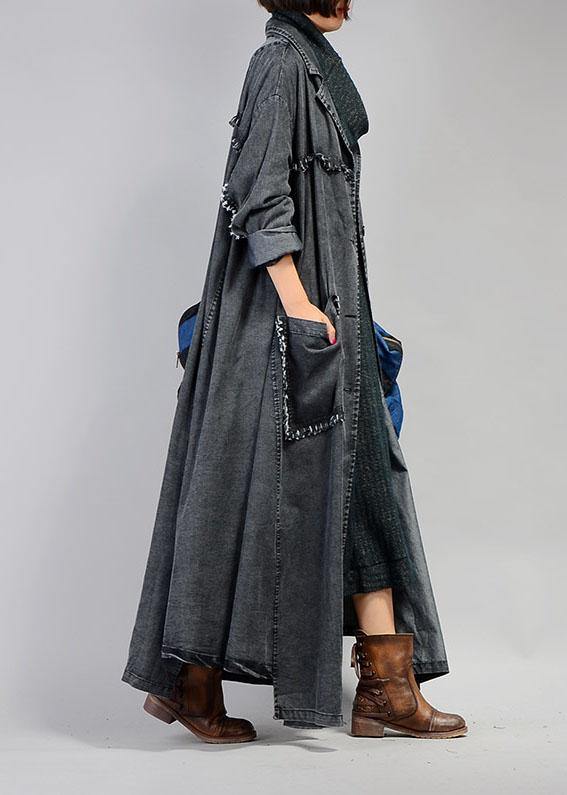 New plus size maxi coat fall denim black Notched Large pockets coat for woman - SooLinen