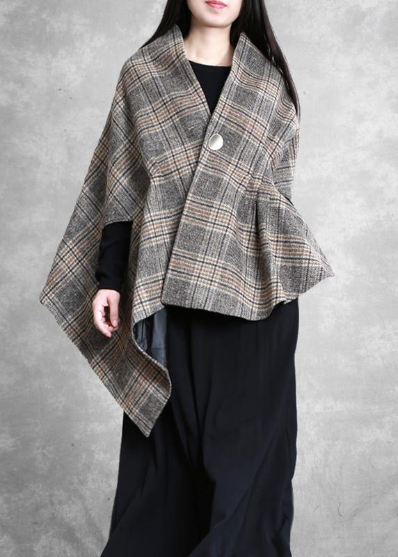New plus size medium length coat outwear khaki plaid asymmetric Batwing Sleeve Woolen Coats - SooLinen