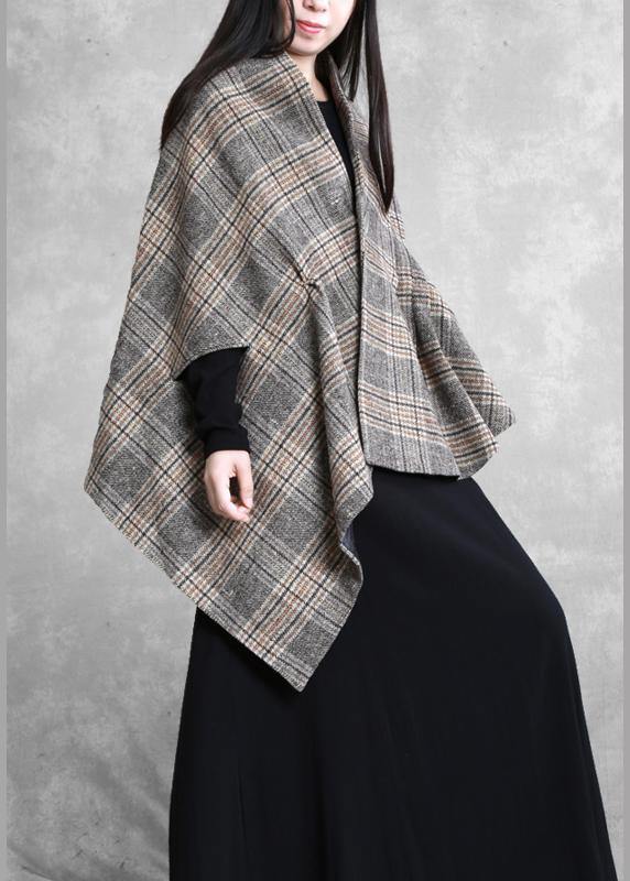 New plus size medium length coat outwear khaki plaid asymmetric Batwing Sleeve Woolen Coats - SooLinen