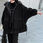 New plus size warm winter coat black hooded faux fur collar casual outfit - SooLinen