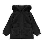 New plus size warm winter coat black hooded faux fur collar casual outfit - SooLinen