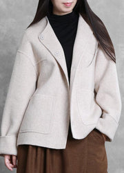 New plus size winter coats beige o neck pockets Woolen Coats - SooLinen