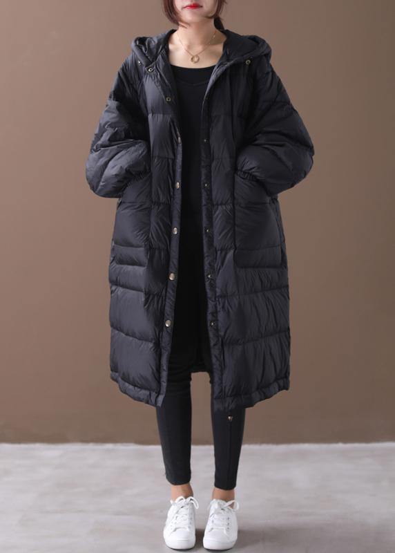 New plus size winter jacket black hooded zippered duck down coat - SooLinen