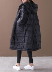 New plus size winter jacket black hooded zippered duck down coat - SooLinen