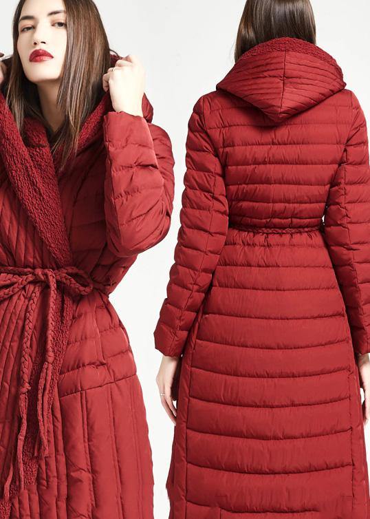 New plus size women parka tie waist Jackets red hooded asymmetric hem duck down coat - SooLinen