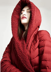 New plus size women parka tie waist Jackets red hooded asymmetric hem duck down coat - SooLinen