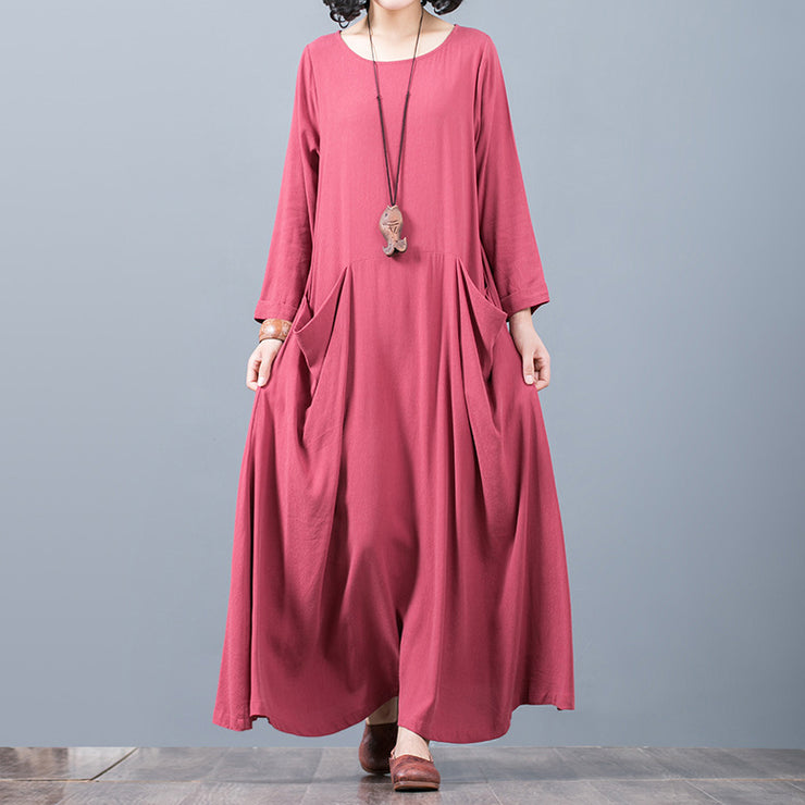 New red 2018 fall dress oversized O neck pockets traveling clothing boutique long sleeve kaftans
