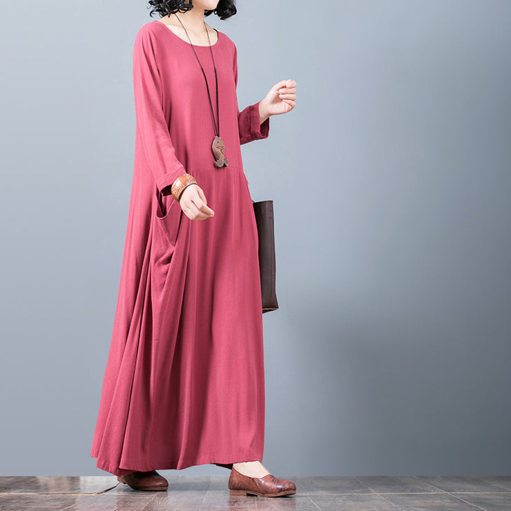 New red 2018 fall dress oversized O neck pockets traveling clothing boutique long sleeve kaftans