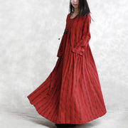 New red Plaid long linen dress plus size clothing o neck pockets traveling dress fine long sleeve Cinched autumn dress