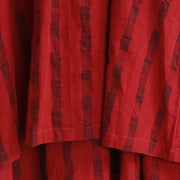 Neues rotes, kariertes, langes Leinenkleid plus Größenkleidung, O-Nackentaschen, Reisekleid, feines, langärmliges, gerafftes Herbstkleid