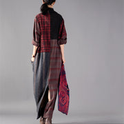 New red Plaid oversize v neck patchwork linen clothing dress women pockets asymmetrical design caftans