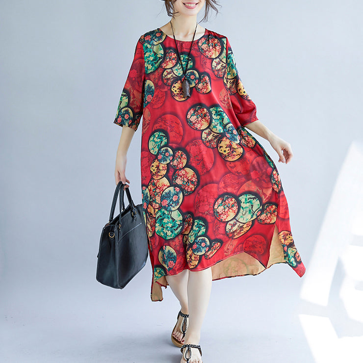 New red cotton blended dresses casual print Half sleeve cotton blended dress casual o neck dresses