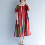 New red cotton linen maxi dress trendy plus size O neck traveling clothing 2018 striped short sleeve gown