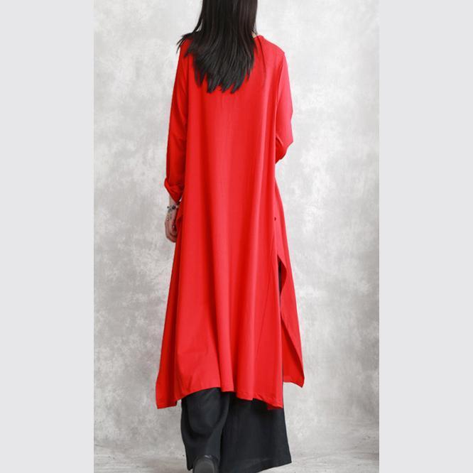 Neues rotes Herbstkleid, trendy, plus Größe, O-Ausschnitt, asymmetrisches Design, Reisekleidung, feine, langärmlige, seitlich offene Maxikleider