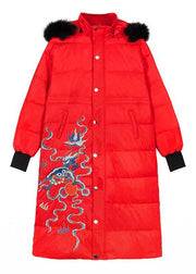 New red goose Down coat plus size embroidery down jacket hooded Elegant Jackets - SooLinen