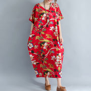 New red linen dress oversized floral cotton maxi dress Elegant short sleeve gown