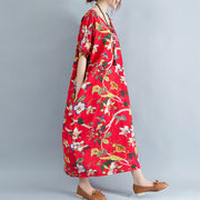 New red linen dress oversized floral cotton maxi dress Elegant short sleeve gown