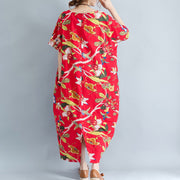 Neues rotes Leinenkleid übergroßes Maxikleid aus geblümter Baumwolle Elegantes Kleid mit kurzen Ärmeln