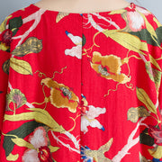 Neues rotes Leinenkleid übergroßes Maxikleid aus geblümter Baumwolle Elegantes Kleid mit kurzen Ärmeln