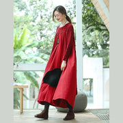 Neue rote Plus-Size-Kleidung O-Neck-Stickerei-Kaftane Boutique-Langarmkleider mit großem Saum