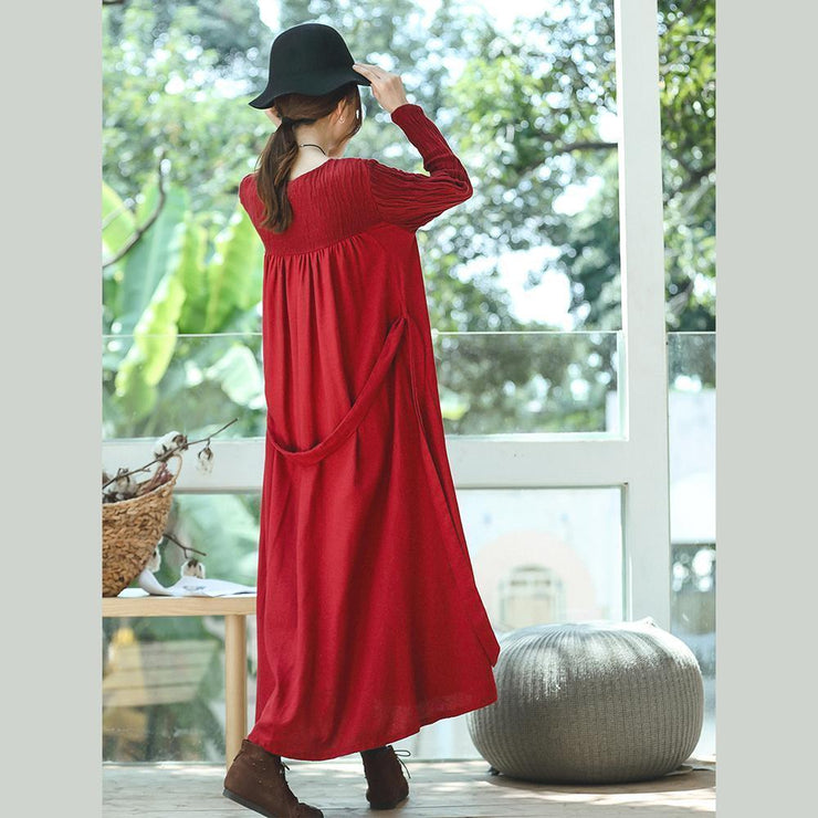 New red plus size clothing O neck embroidery caftans boutique long sleeve large hem dresses