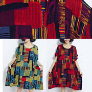 New red prints cotton dress trendy plus size cotton clothing dresses New o neck short sleeve midi dress