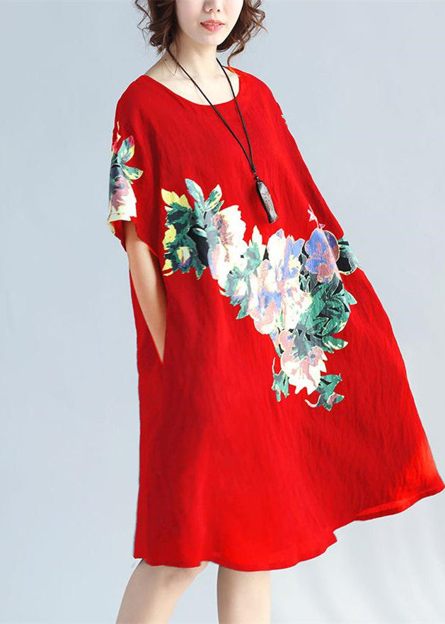 Neues Leinenkleid mit rotem Druck plus Größenreisekleidung Elegante wilde Baumwollkleider mit kurzen Ärmeln und O-Ausschnitt