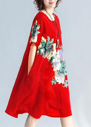 Neues Leinenkleid mit rotem Druck plus Größenreisekleidung Elegante wilde Baumwollkleider mit kurzen Ärmeln und O-Ausschnitt