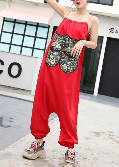 New red tide straps trousers embroidery cat head loose jumpsuit female summer strap pants - SooLinen
