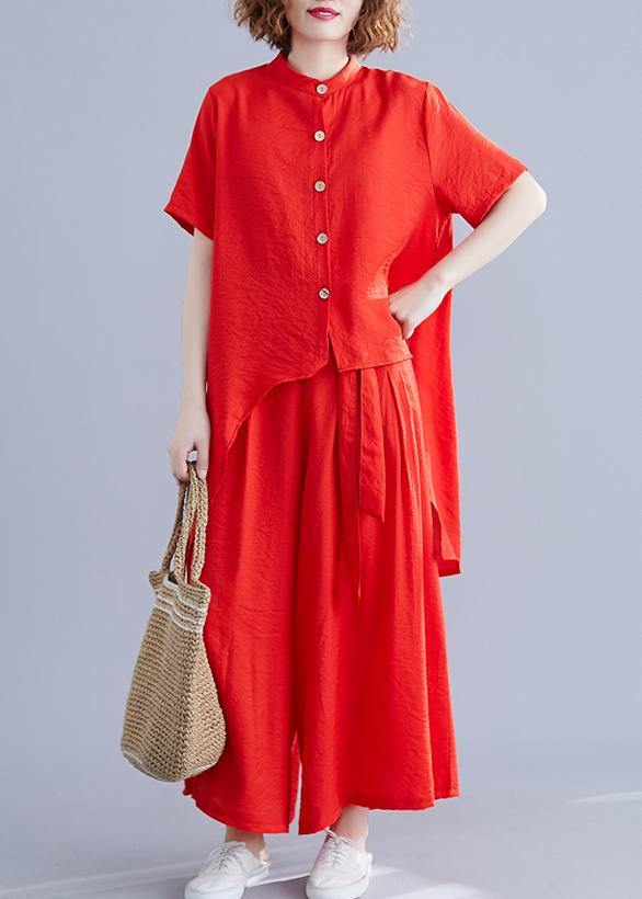 New retro silk hemp red irregular short-sleeved shirt + elastic waist strap wide-leg pants - SooLinen