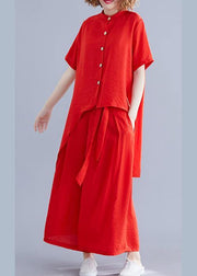 New retro silk hemp red irregular short-sleeved shirt + elastic waist strap wide-leg pants - SooLinen