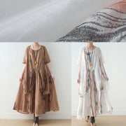 New silk and linen dress female ink printing and dyeing literary loose round neck short sleeve long skirt - SooLinen