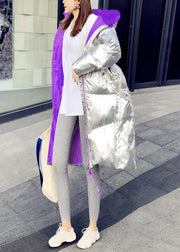 New silver patchwork purple down jacket woman Loose fitting snow jackets hooded zippered Casual Jackets - SooLinen