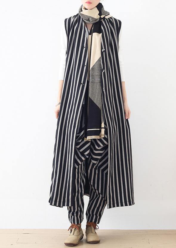 New style beige loose casual mid-length striped waistcoat elastic waist  breeches suit - SooLinen