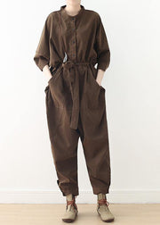New style literary retro women's loose lace-up one-piece brown overalls - SooLinen