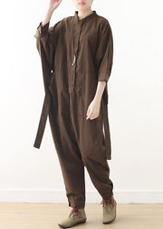 New style literary retro women's loose lace-up one-piece brown overalls - SooLinen
