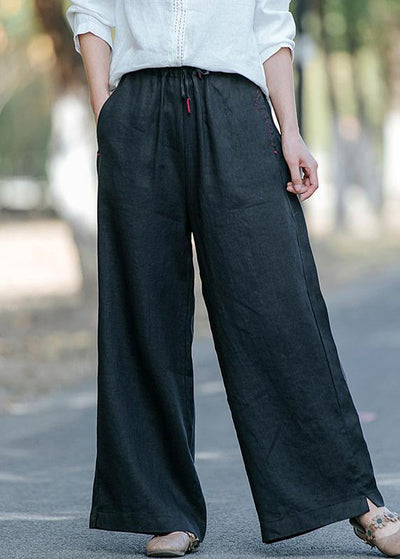 New style literature and art black casual pants Elastic Waist Wide Leg Pants - SooLinen
