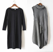 New style loose literary thick knitted stitching woolen gray dress outer two-piece suit - SooLinen