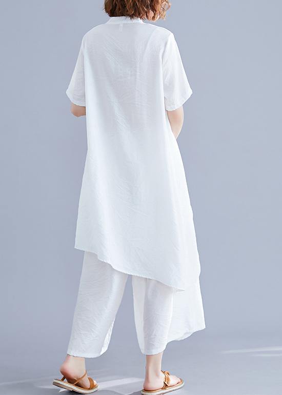 New suit retro silk hemp white irregular short-sleeved shirt + elastic waist strap wide-leg pants - SooLinen