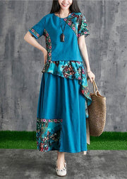 New summer cotton and linen contrast color mosaic blue print small fresh ethnic wind  two-piece - SooLinen